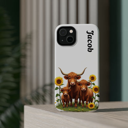 Personalized White Highland Cow Phone Case - Custom Name Farm Animal Gift | Cute Sunflower Cases for Women & Girls