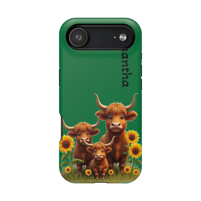 Personalized Highland Cow Phone Case - Custom Name Farm Animal Gift | Cute Green iPhone Cases for Women & Girls