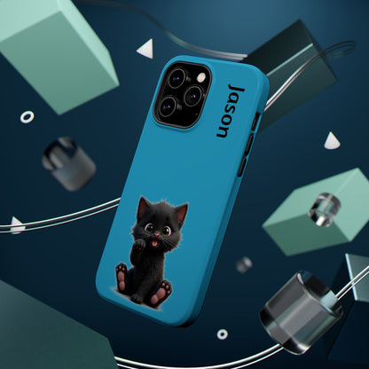 Personalized Black Kitten Phone Case - Custom Name Cat Lover Gift | Cute Teal Blue iPhone Cases for Women & Girls
