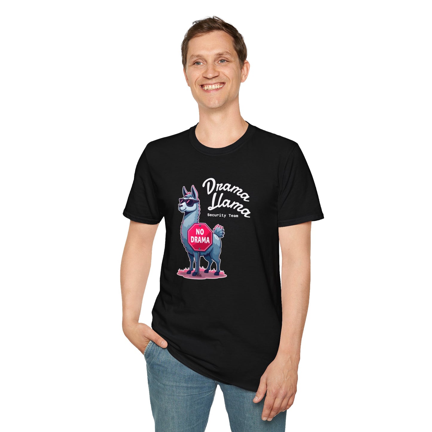 Funny Drama Llama Security Team T-Shirt – Sarcastic Llama with Sunglasses & “No Drama” Stop Sign, Ironic Humor Gift for Chill People
