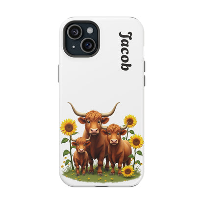 Personalized White Highland Cow Phone Case - Custom Name Farm Animal Gift | Cute Sunflower Cases for Women & Girls