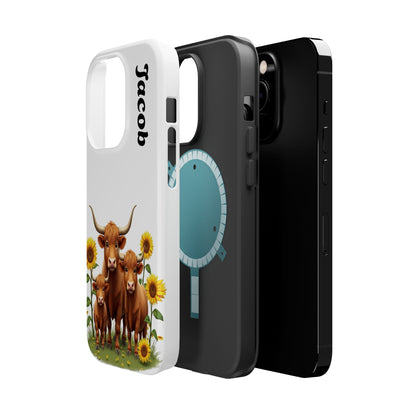 Personalized White Highland Cow Phone Case - Custom Name Farm Animal Gift | Cute Sunflower Cases for Women & Girls