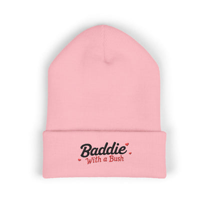 “Baddie With a Bush” Embroidered Pink Beanie – Soft, Hypoallergenic Knit Hat for Bold Style