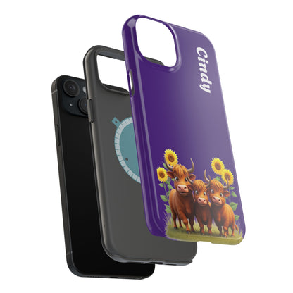 Personalized Purple Highland Cow Phone Case - Custom Name Farm Animal Gift | Cute Purple iPhone Cases for Women & Girls