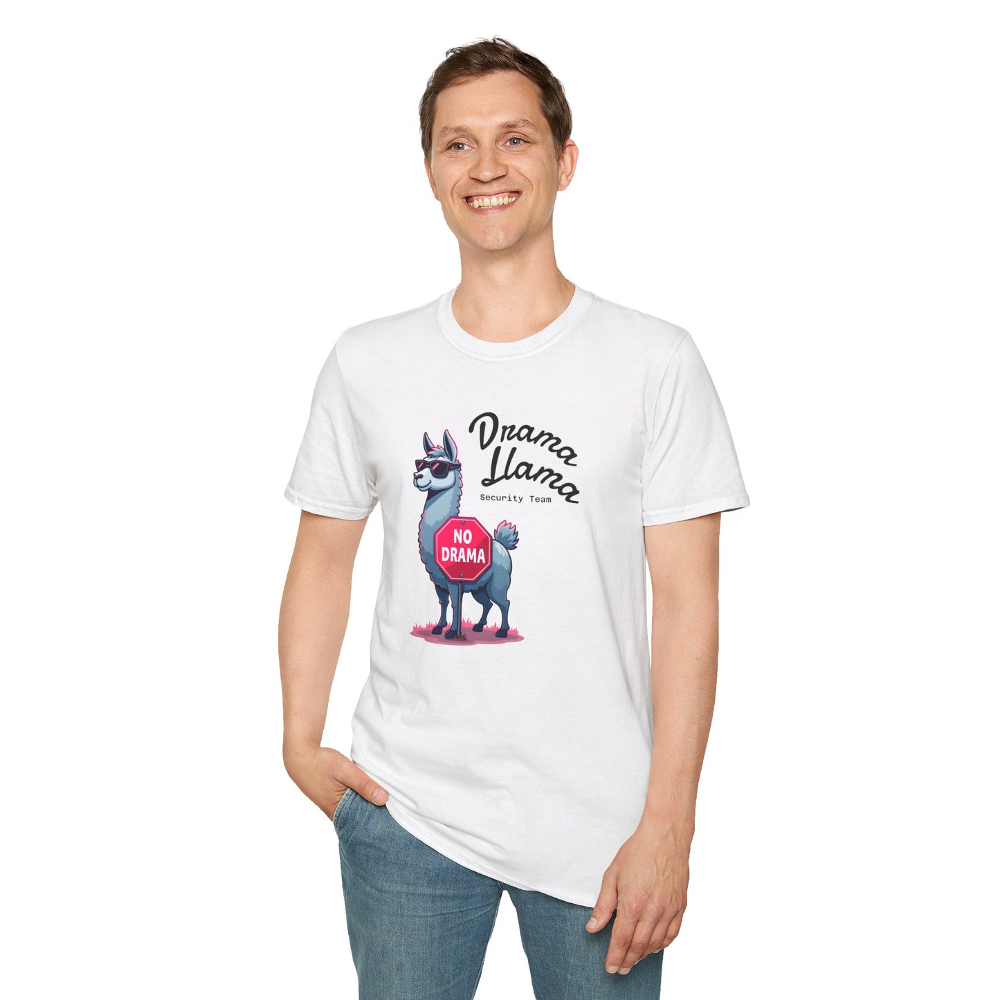 Funny Drama Llama Security Team T-Shirt – Sarcastic Llama with Sunglasses & “No Drama” Stop Sign, Ironic Humor Gift for Chill People
