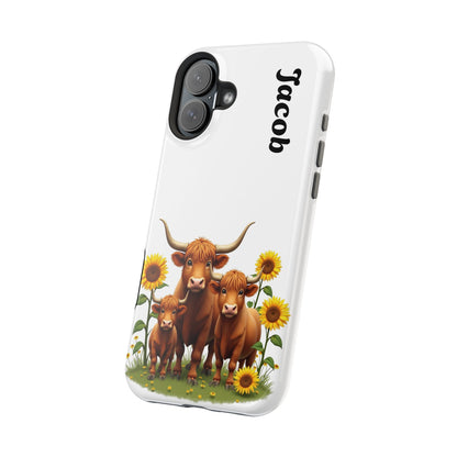 Personalized White Highland Cow Phone Case - Custom Name Farm Animal Gift | Cute Sunflower Cases for Women & Girls