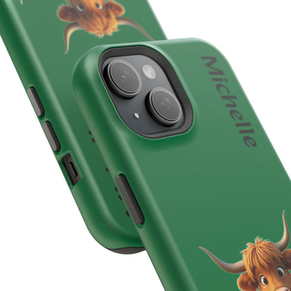 Personalized Highland Cow Phone Case - Custom Name Farm Animal Gift | Cute Green iPhone Cases for Women & Girls