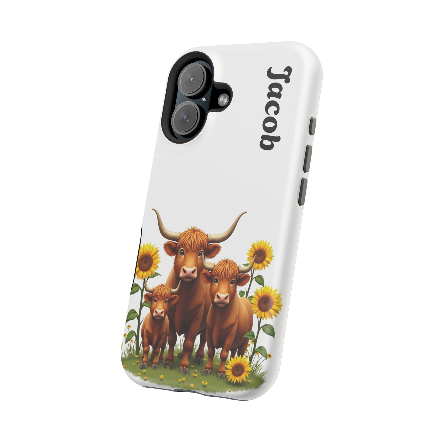 Personalized White Highland Cow Phone Case - Custom Name Farm Animal Gift | Cute Sunflower Cases for Women & Girls
