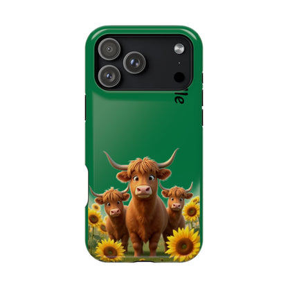 Personalized Highland Cow Phone Case - Custom Name Farm Animal Gift | Cute Green iPhone Cases for Women & Girls