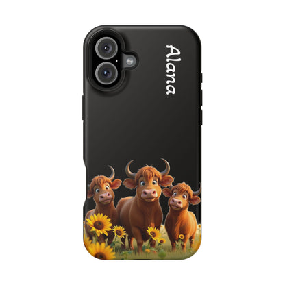 Personalized Highland Cow Phone Case - Custom Name Farm Animal Gift | Cute Black iPhone Cases for Women & Girls