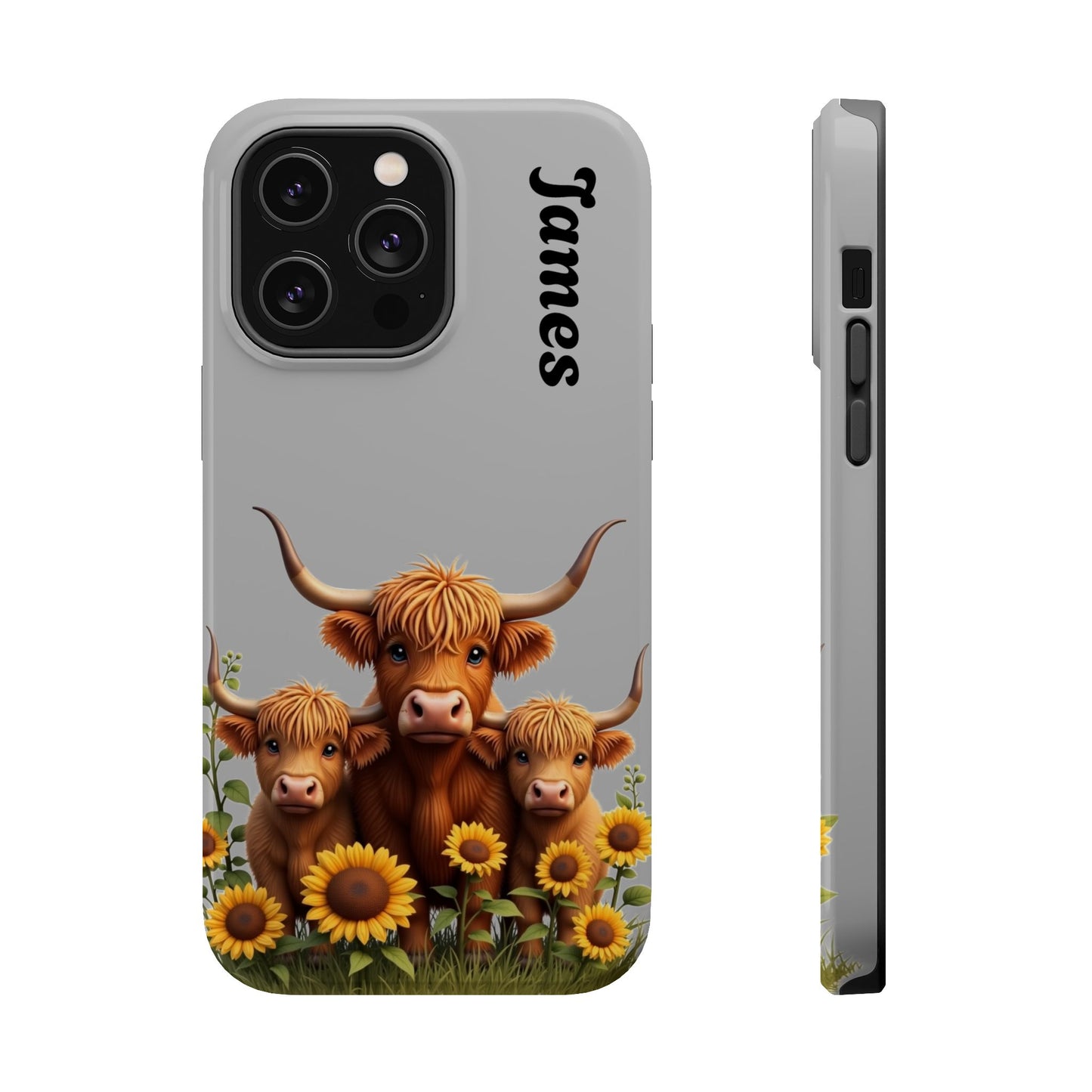 Personalized Gray Highland Cow Phone Case - Custom Name Farm Animal Gift | Cute Gray iPhone Cases for Women & Girls