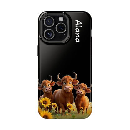 Personalized Highland Cow Phone Case - Custom Name Farm Animal Gift | Cute Black iPhone Cases for Women & Girls
