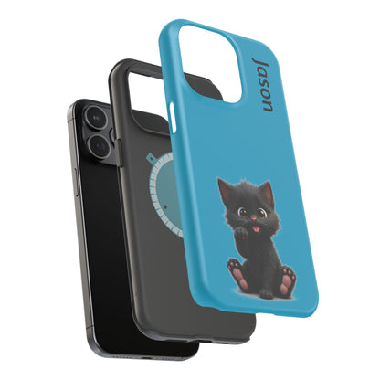 Personalized Black Kitten Phone Case - Custom Name Cat Lover Gift | Cute Teal Blue iPhone Cases for Women & Girls