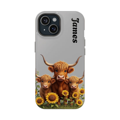 Personalized Gray Highland Cow Phone Case - Custom Name Farm Animal Gift | Cute Gray iPhone Cases for Women & Girls