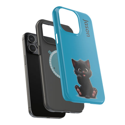 Personalized Black Kitten Phone Case - Custom Name Cat Lover Gift | Cute Teal Blue iPhone Cases for Women & Girls