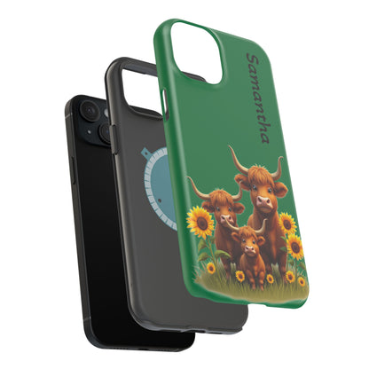 Personalized Highland Cow Phone Case - Custom Name Farm Animal Gift | Cute Green iPhone Cases for Women & Girls