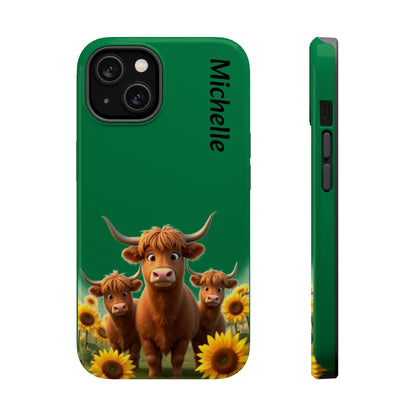 Personalized Highland Cow Phone Case - Custom Name Farm Animal Gift | Cute Green iPhone Cases for Women & Girls