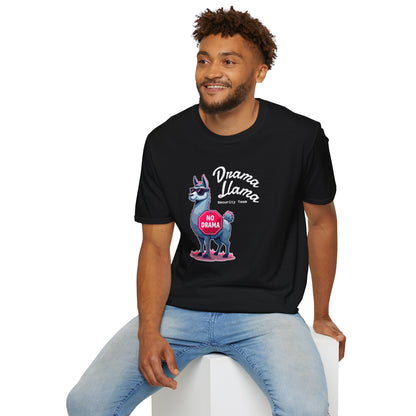 Funny Drama Llama Security Team T-Shirt – Sarcastic Llama with Sunglasses & “No Drama” Stop Sign, Ironic Humor Gift for Chill People