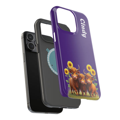 Personalized Purple Highland Cow Phone Case - Custom Name Farm Animal Gift | Cute Purple iPhone Cases for Women & Girls