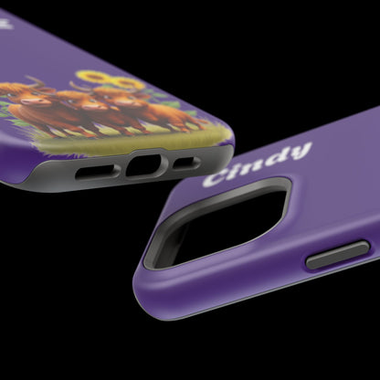 Personalized Purple Highland Cow Phone Case - Custom Name Farm Animal Gift | Cute Purple iPhone Cases for Women & Girls