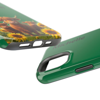 Personalized Highland Cow Phone Case - Custom Name Farm Animal Gift | Cute Green iPhone Cases for Women & Girls