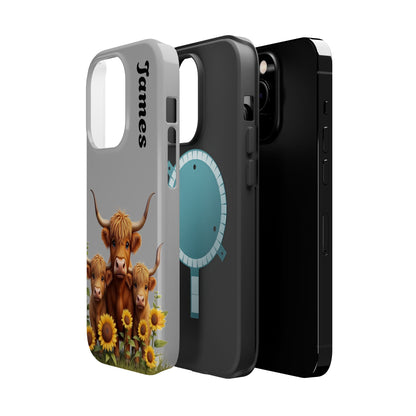 Personalized Gray Highland Cow Phone Case - Custom Name Farm Animal Gift | Cute Gray iPhone Cases for Women & Girls