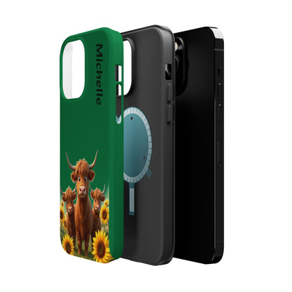 Personalized Highland Cow Phone Case - Custom Name Farm Animal Gift | Cute Green iPhone Cases for Women & Girls