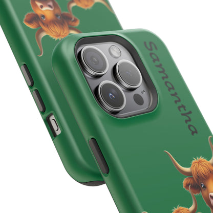 Personalized Highland Cow Phone Case - Custom Name Farm Animal Gift | Cute Green iPhone Cases for Women & Girls
