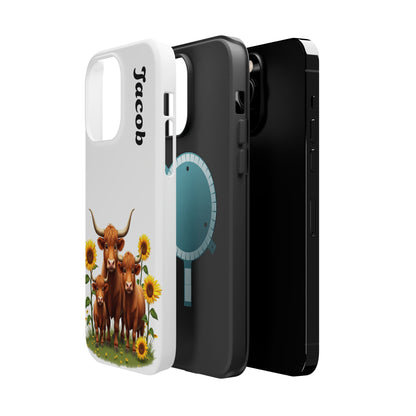 Personalized White Highland Cow Phone Case - Custom Name Farm Animal Gift | Cute Sunflower Cases for Women & Girls