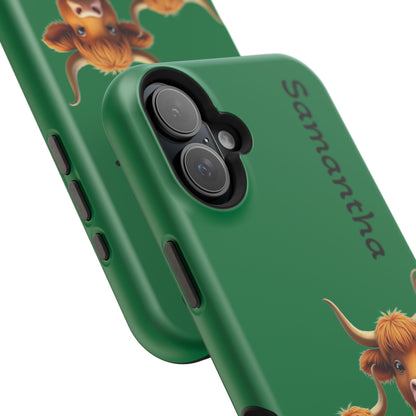 Personalized Highland Cow Phone Case - Custom Name Farm Animal Gift | Cute Green iPhone Cases for Women & Girls