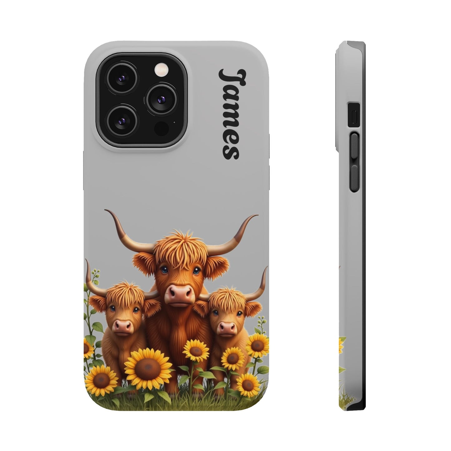 Personalized Gray Highland Cow Phone Case - Custom Name Farm Animal Gift | Cute Gray iPhone Cases for Women & Girls