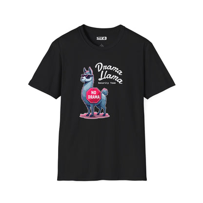 Funny Drama Llama Security Team T-Shirt – Sarcastic Llama with Sunglasses & “No Drama” Stop Sign, Ironic Humor Gift for Chill People