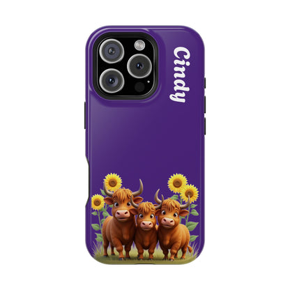 Personalized Purple Highland Cow Phone Case - Custom Name Farm Animal Gift | Cute Purple iPhone Cases for Women & Girls