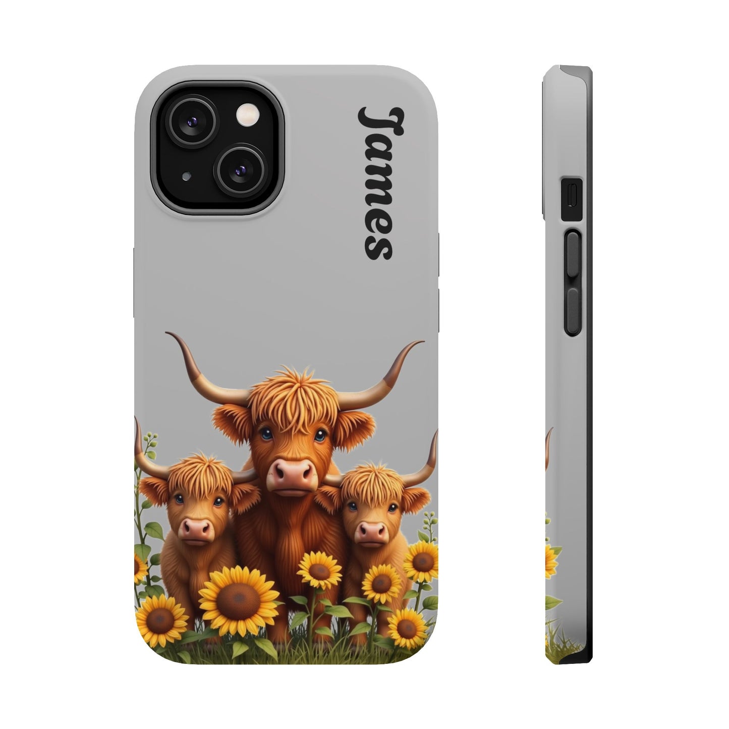 Personalized Gray Highland Cow Phone Case - Custom Name Farm Animal Gift | Cute Gray iPhone Cases for Women & Girls