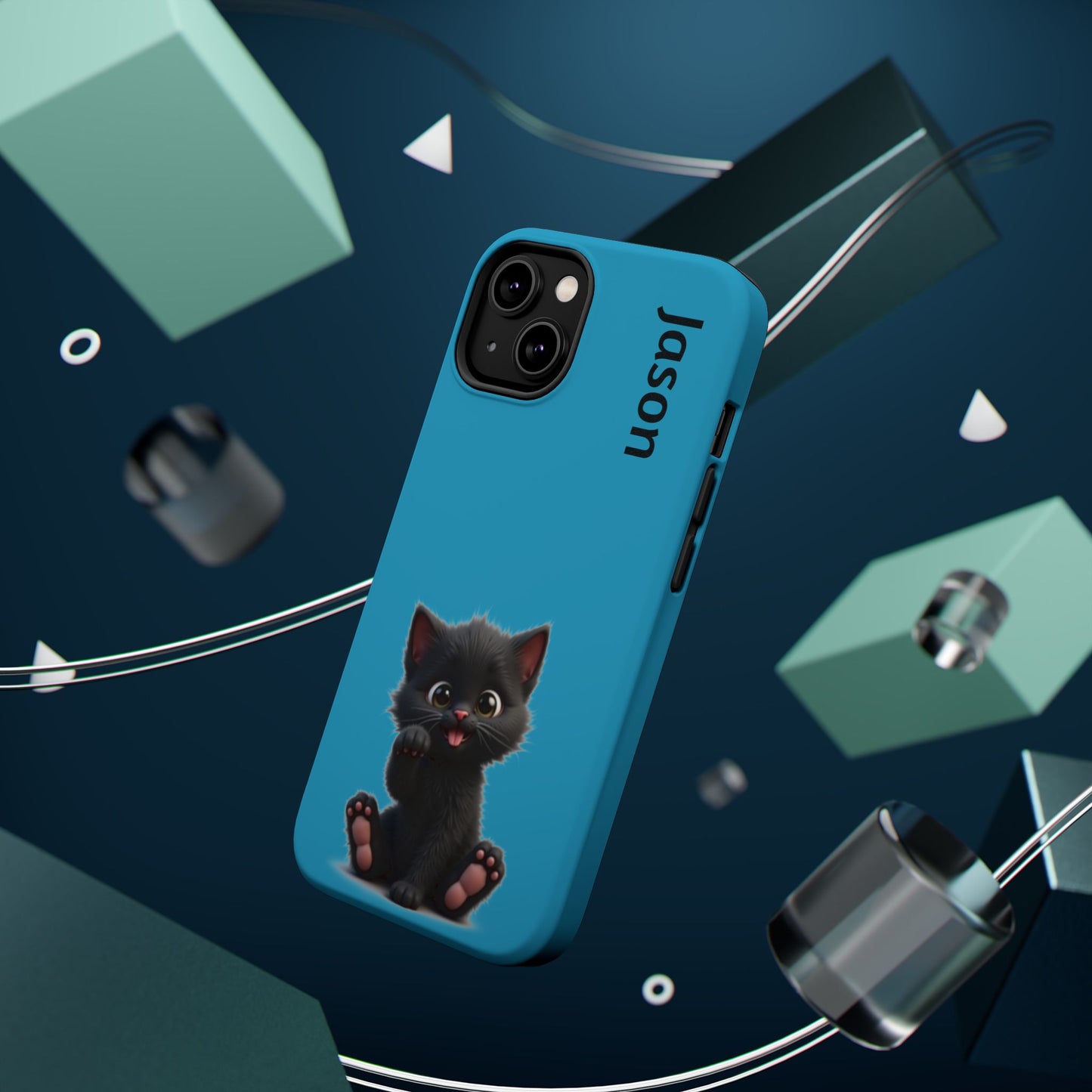 Personalized Black Kitten Phone Case - Custom Name Cat Lover Gift | Cute Teal Blue iPhone Cases for Women & Girls