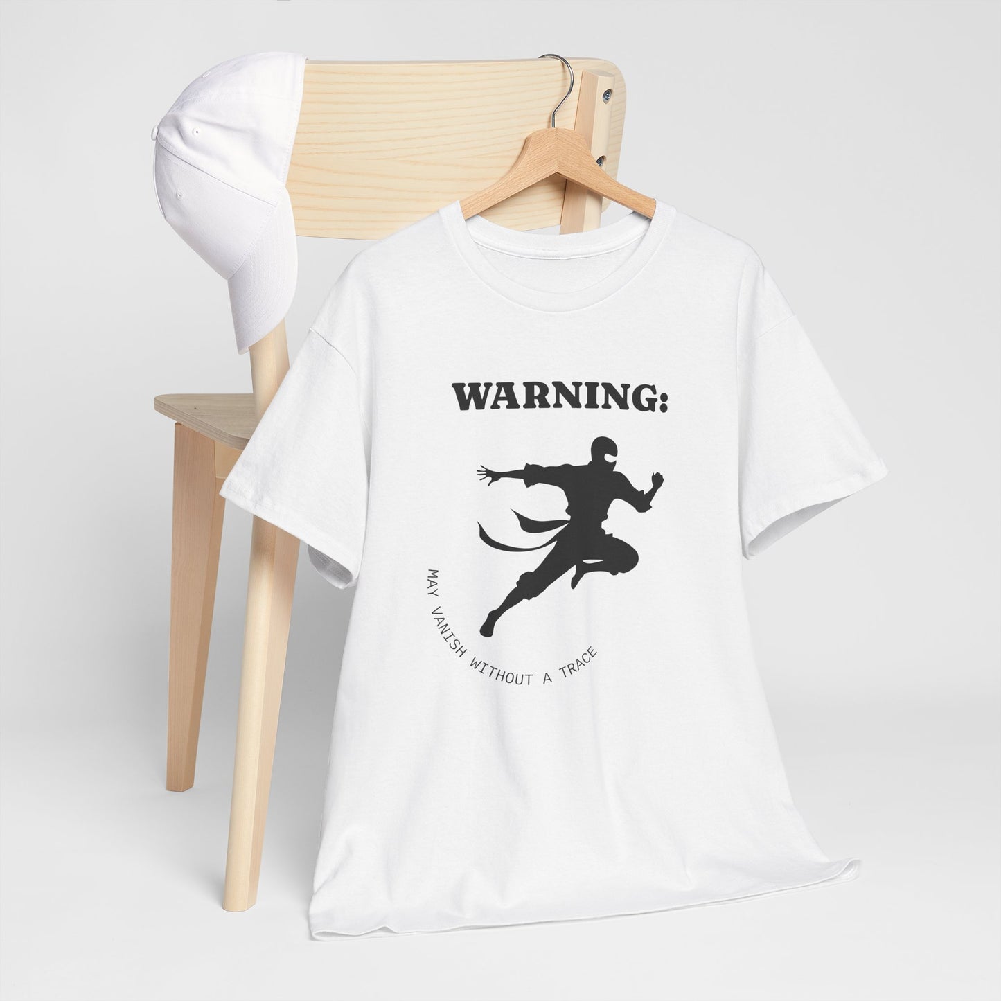 Funny Ninja T-Shirt – “Warning: May Vanish Without a Trace” – Stealth Humor Tee for Martial Arts Fans