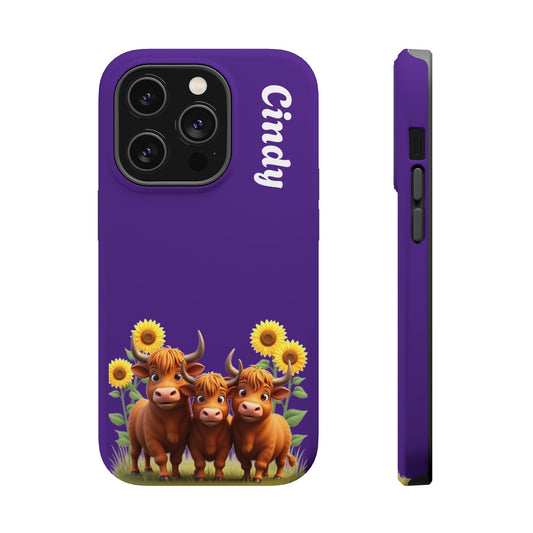 Personalized Purple Highland Cow Phone Case - Custom Name Farm Animal Gift | Cute Purple iPhone Cases for Women & Girls