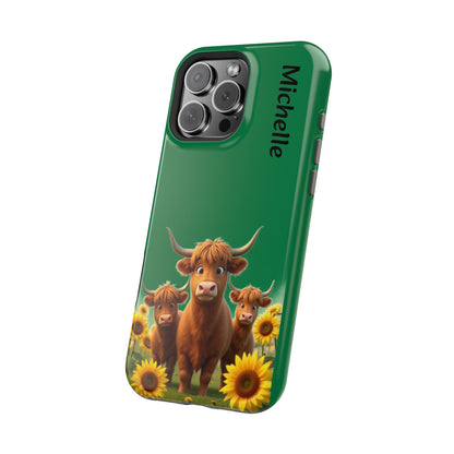 Personalized Highland Cow Phone Case - Custom Name Farm Animal Gift | Cute Green iPhone Cases for Women & Girls