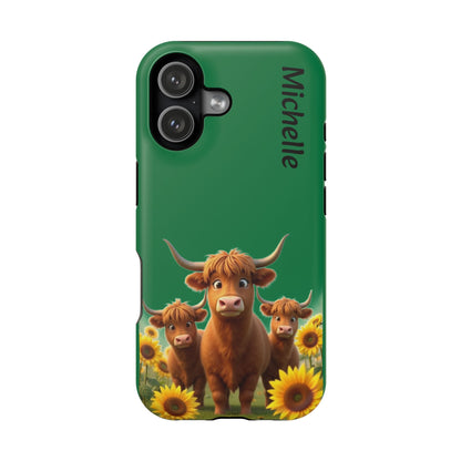 Personalized Highland Cow Phone Case - Custom Name Farm Animal Gift | Cute Green iPhone Cases for Women & Girls
