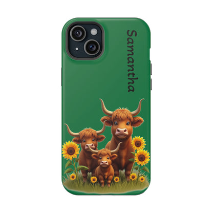 Personalized Highland Cow Phone Case - Custom Name Farm Animal Gift | Cute Green iPhone Cases for Women & Girls