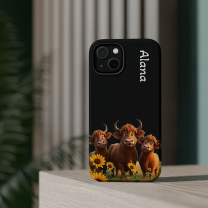 Personalized Highland Cow Phone Case - Custom Name Farm Animal Gift | Cute Black iPhone Cases for Women & Girls