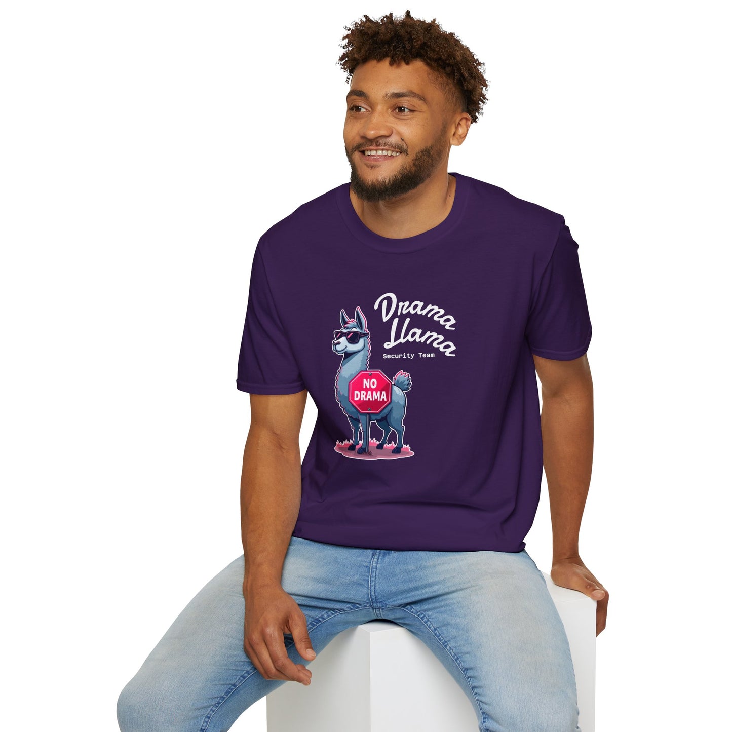 Funny Drama Llama Security Team T-Shirt – Sarcastic Llama with Sunglasses & “No Drama” Stop Sign, Ironic Humor Gift for Chill People