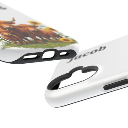 Personalized White Highland Cow Phone Case - Custom Name Farm Animal Gift | Cute Sunflower Cases for Women & Girls