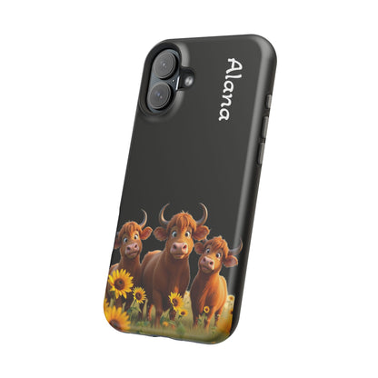 Personalized Highland Cow Phone Case - Custom Name Farm Animal Gift | Cute Black iPhone Cases for Women & Girls