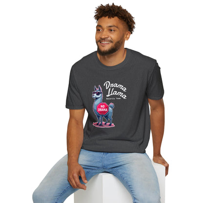 Funny Drama Llama Security Team T-Shirt – Sarcastic Llama with Sunglasses & “No Drama” Stop Sign, Ironic Humor Gift for Chill People