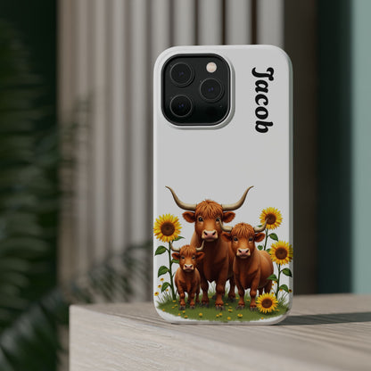 Personalized White Highland Cow Phone Case - Custom Name Farm Animal Gift | Cute Sunflower Cases for Women & Girls