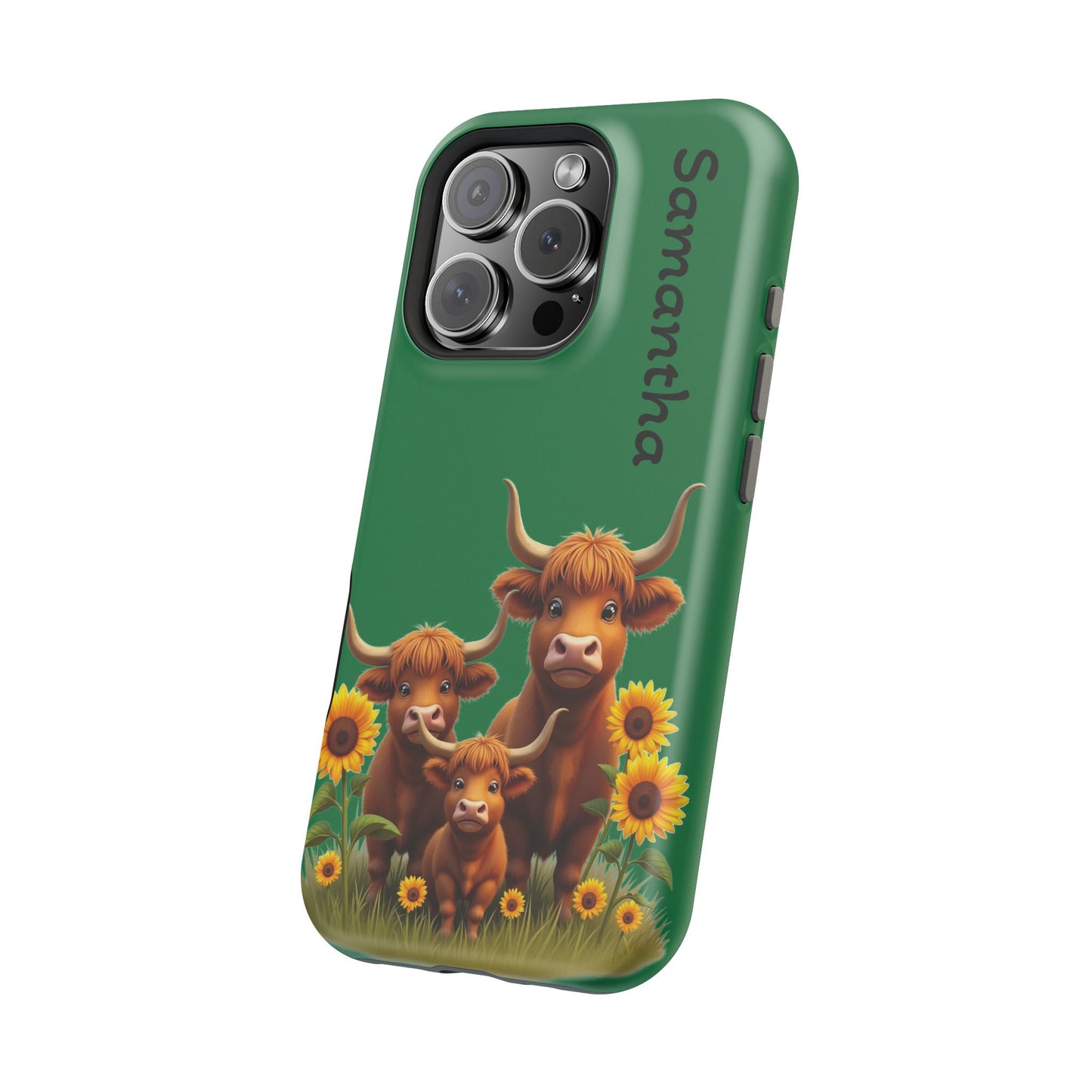 Personalized Highland Cow Phone Case - Custom Name Farm Animal Gift | Cute Green iPhone Cases for Women & Girls