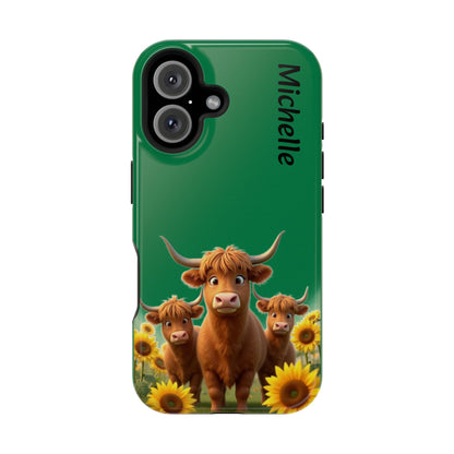 Personalized Highland Cow Phone Case - Custom Name Farm Animal Gift | Cute Green iPhone Cases for Women & Girls