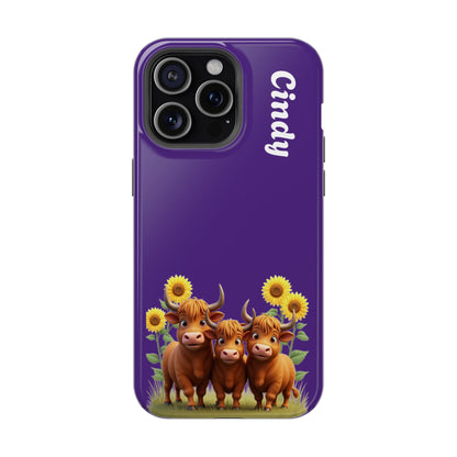 Personalized Purple Highland Cow Phone Case - Custom Name Farm Animal Gift | Cute Purple iPhone Cases for Women & Girls
