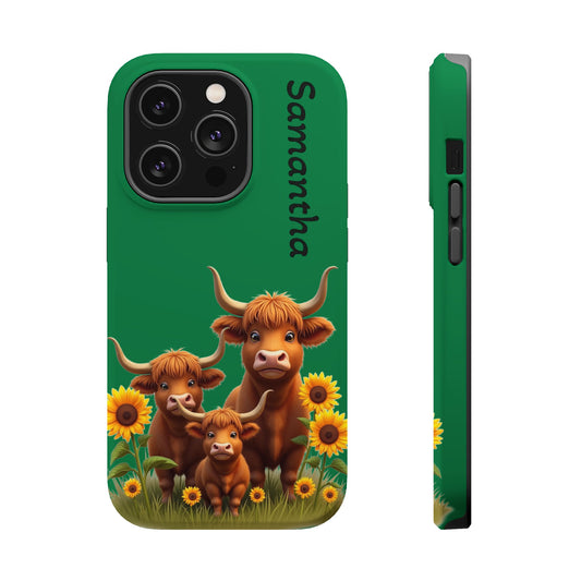 Personalized Highland Cow Phone Case - Custom Name Farm Animal Gift | Cute Green iPhone Cases for Women & Girls